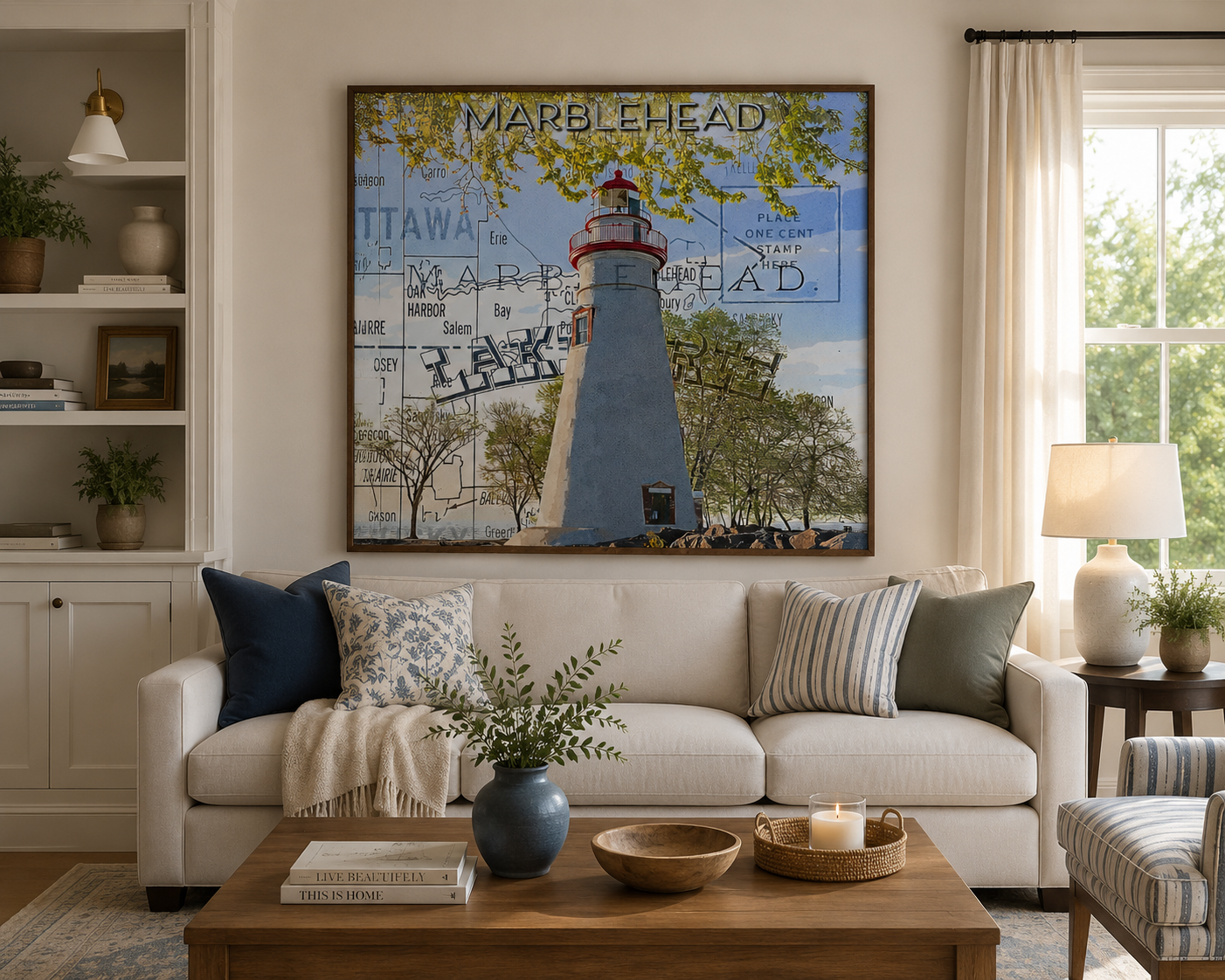 Marblehead Lighthouse Ohio mixed media artwork in a modern living room by Dan Sproul